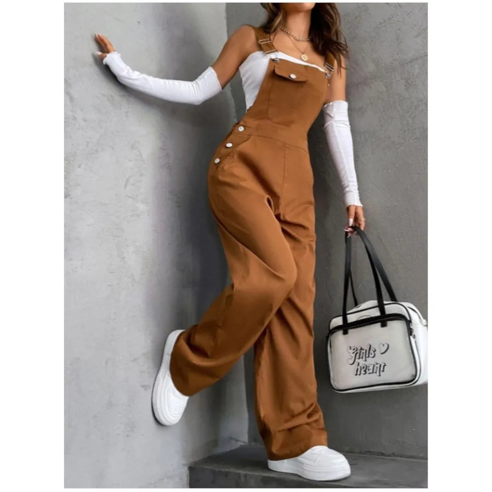 Women’s Loose Wide Leg Bib Overalls With Pockets