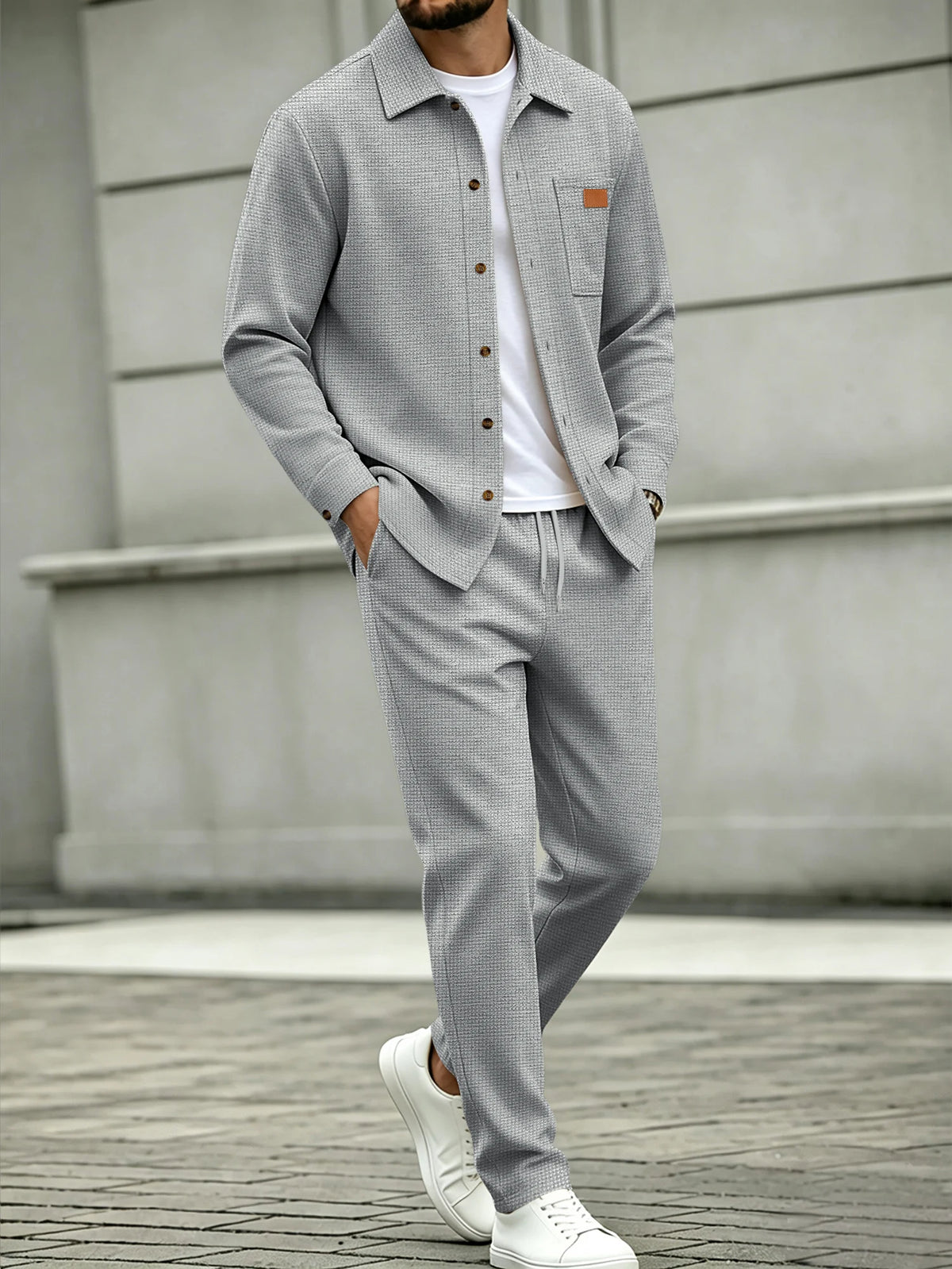 Men's Waffle Knit Casual Two-Piece Shirt Set