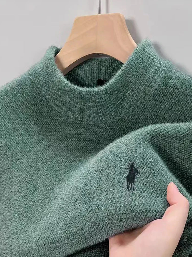 green Color Men’s Embroidered Knit Sweater – Thick Winter Pullover