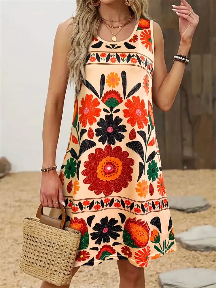 Women’s Floral Print Sleeveless Tank Dress, Knee-Length