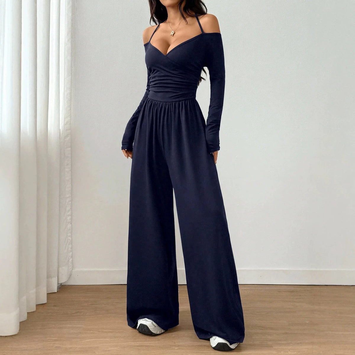 Women’s Off Shoulder Wide Leg Jumpsuit With Lace-Up