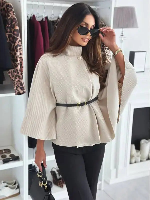 Khaki Color Women's Woolen Belted Jacket – Elegant Office Style