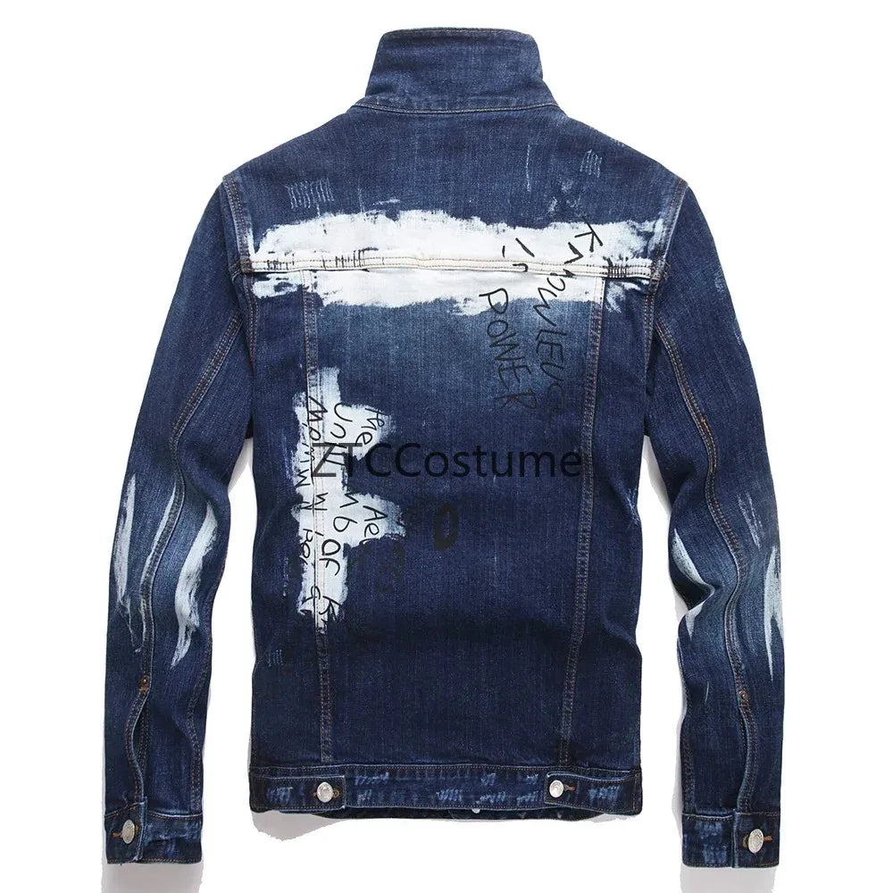 Men's Slim Fit Denim Jacket With Graffiti Print