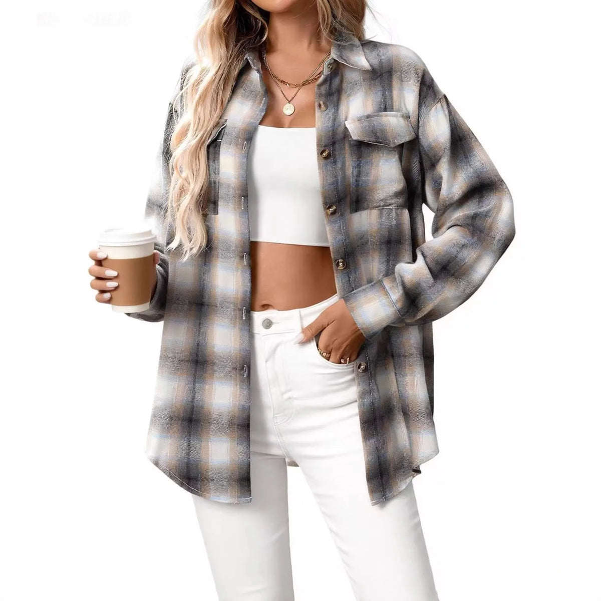 Dreamy Gray Color Women’s Plaid Loose Fit Mid-Length Shirt Blouse