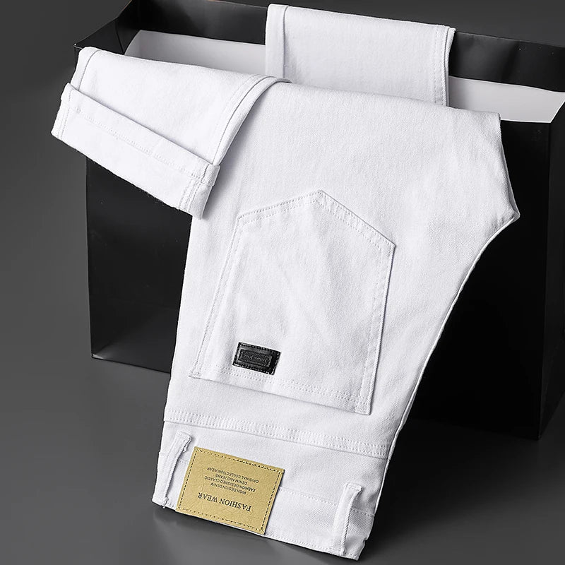 WHITE Color Men's White Straight Jeans Cotton Blend Business Casual