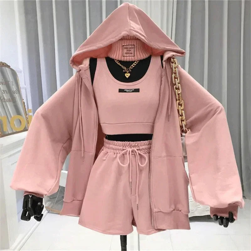 Women’s 3-Piece Casual Hoodie Shorts Set With Vest