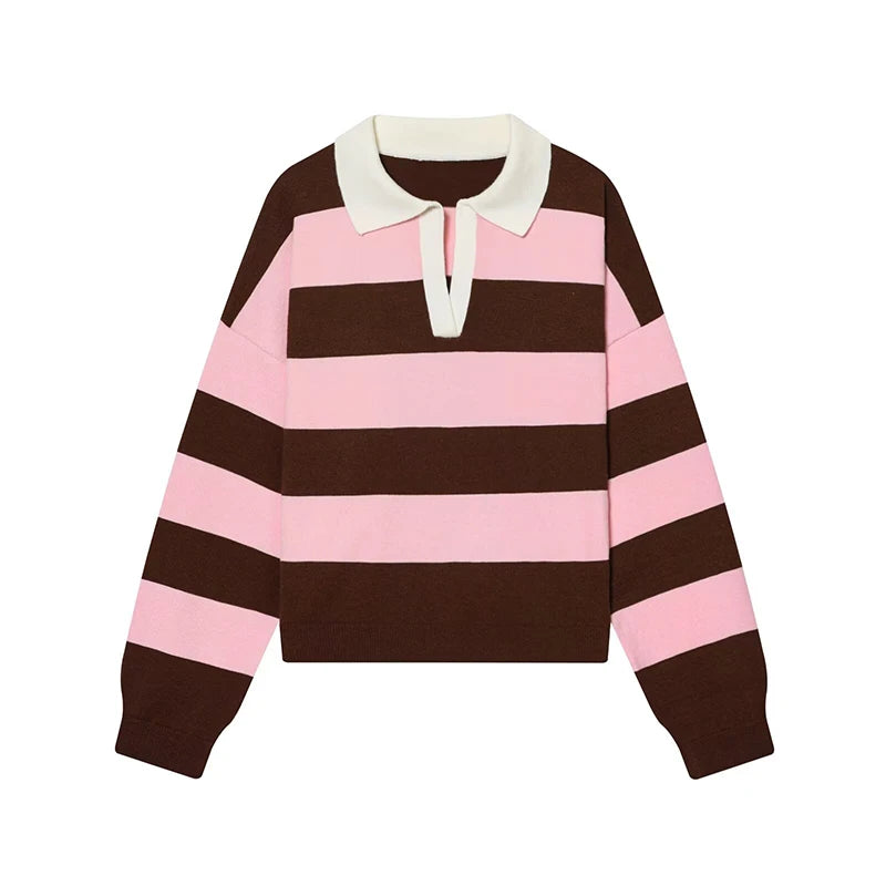 Pink Color Women’s Striped Knit Polo Sweater – Casual Loose Pullover