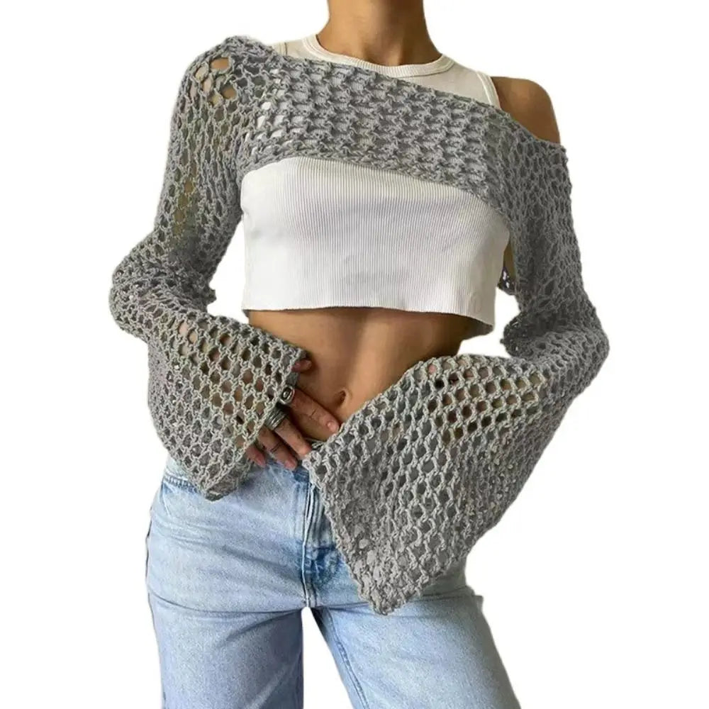 grey Color Women’s Crochet Sleeve Shrug Sweater Crop Top