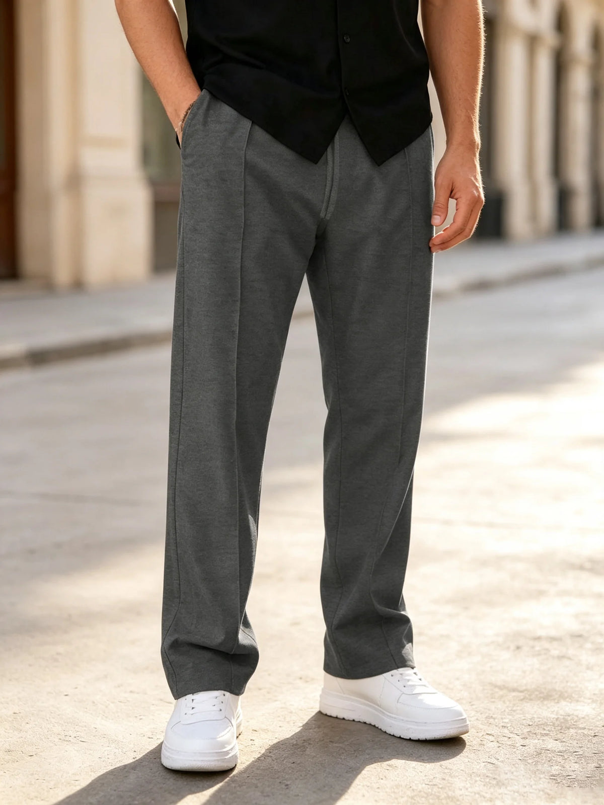 Men’s Casual Drawstring Pants Straight Leg Mid Waist