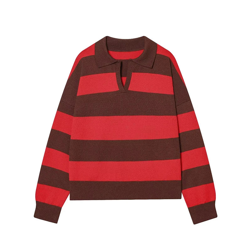 Red Color Women’s Striped Knit Polo Sweater – Casual Loose Pullover