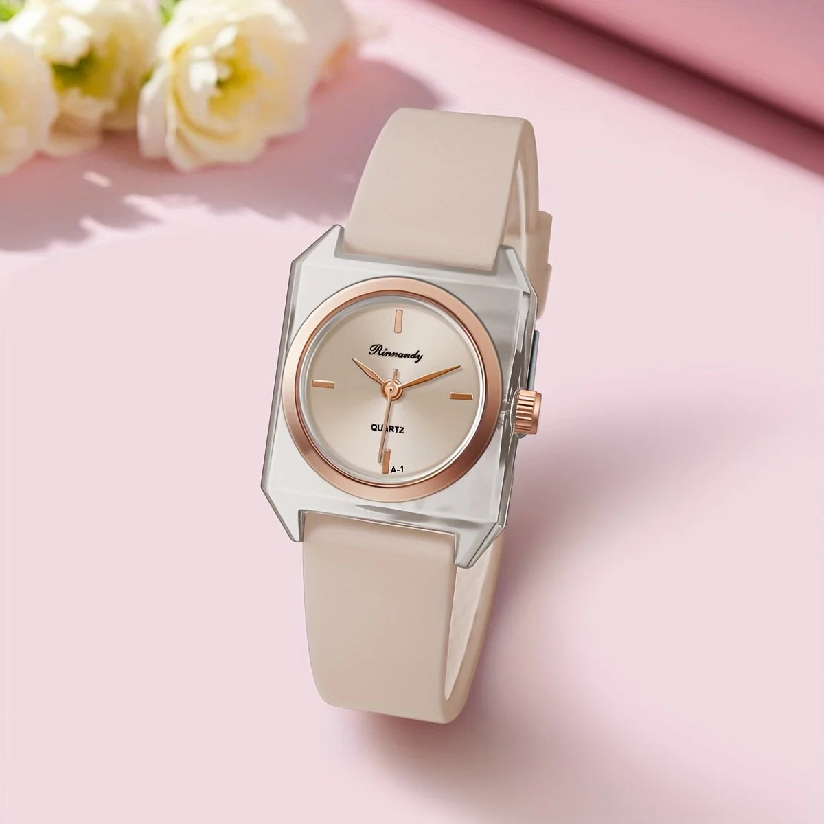 Khaki Color Women’s Rectangle Quartz Watch with Soft Silicone Strap