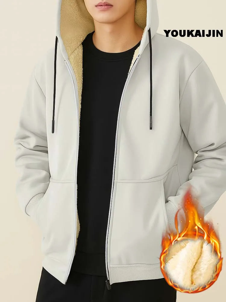 white Color Men's Sherpa Fleece Zip Hoodie Jacket