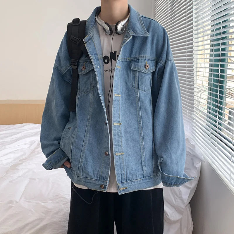 Blue Color Men's Black Denim Jacket With Pockets, Short Streetwear