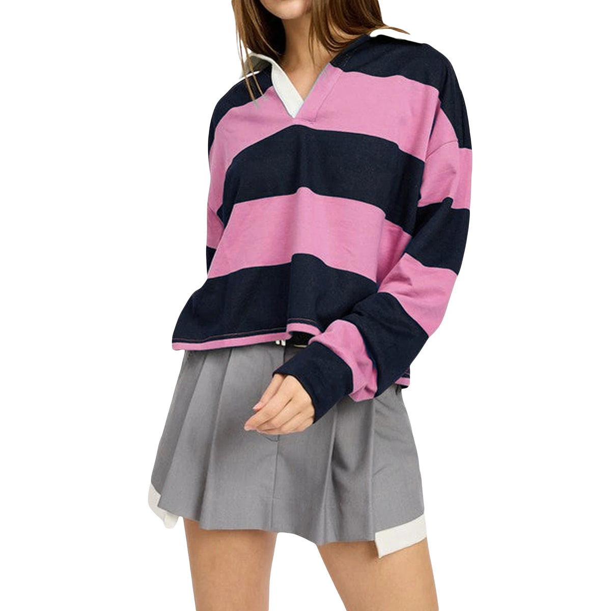 Pink Color Women’s Striped Cropped Pullover Long Sleeve Top