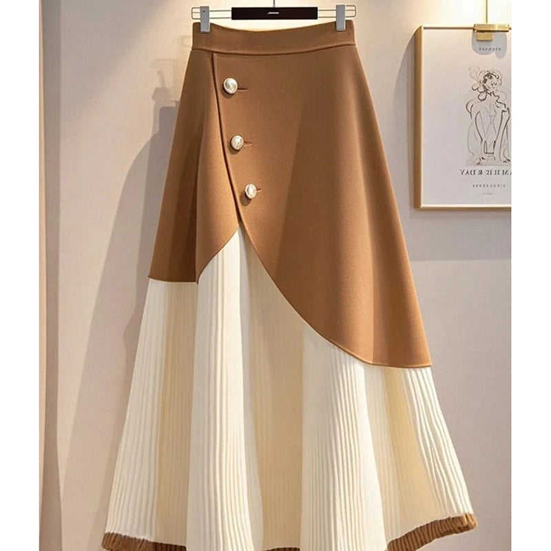 High Waist Knitted A-Line Midi Skirt With Buttons