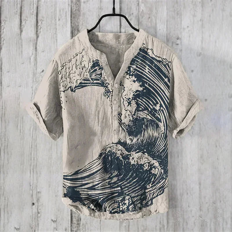 Men’s Linen Casual V-Neck Short Sleeve Beach Shirt