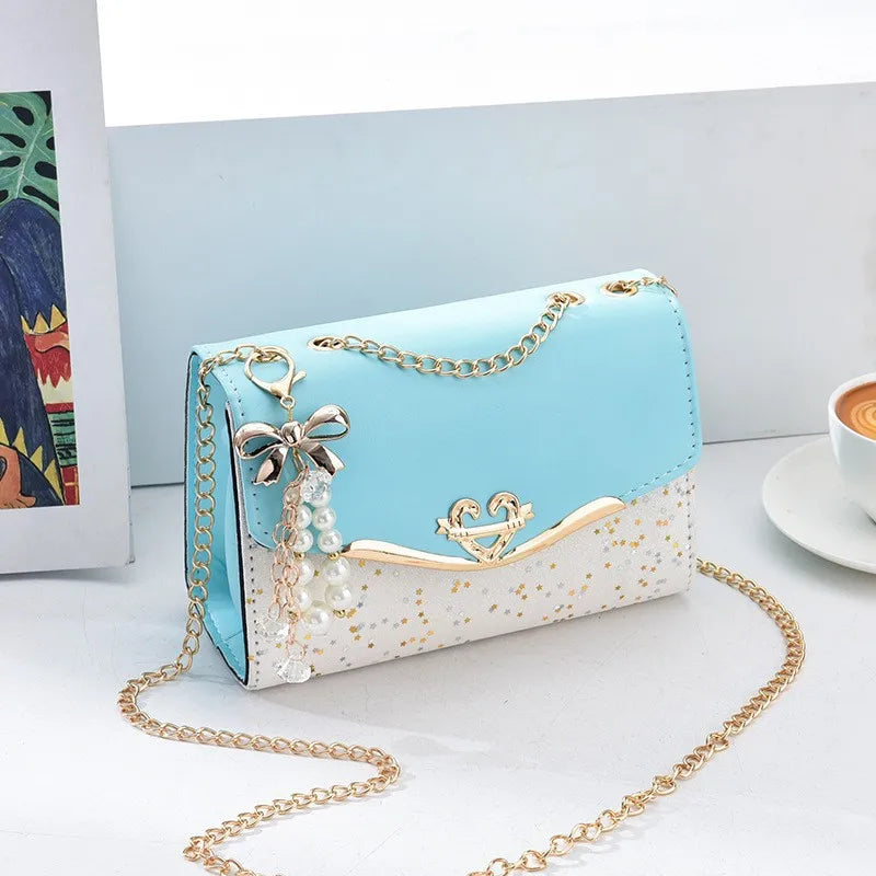 blue with pendant Color Women’s Sequin Box Shoulder Bag With Bow Chain Detail