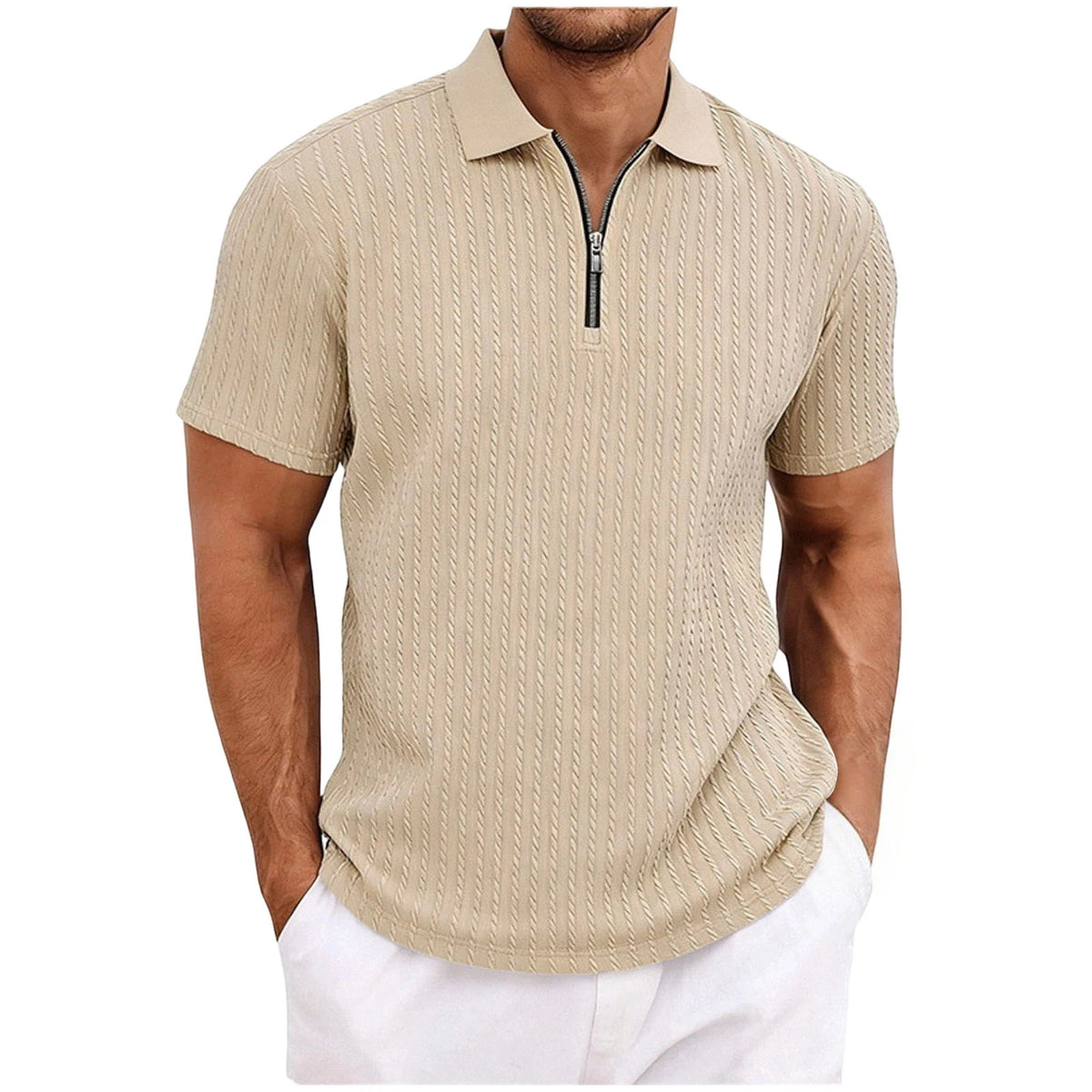 Khaki Color Men's Textured Half Zip Casual Short Sleeve Shirt