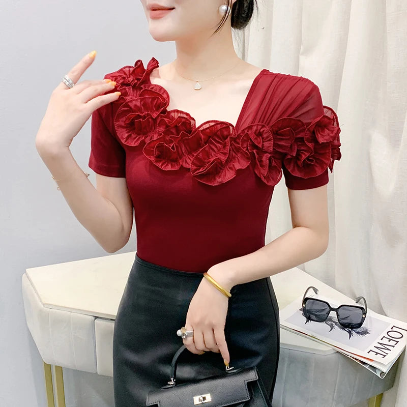 Asymmetric Off-Shoulder Ruffle Cotton Slim Fit Tee