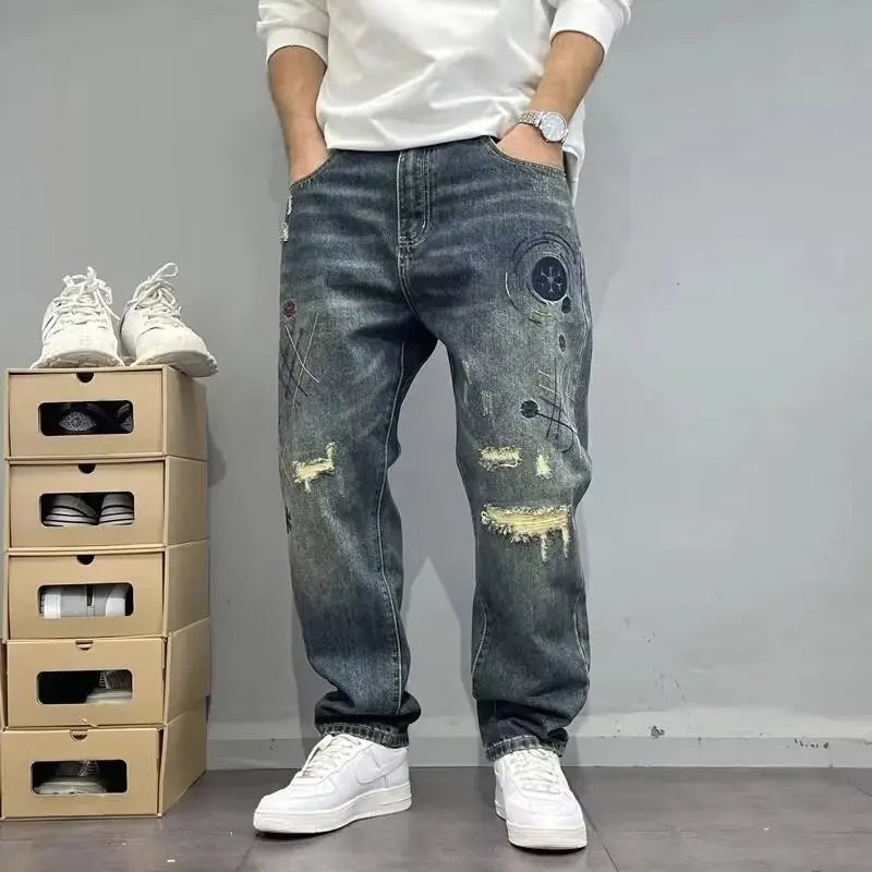 Men's Wide-Leg Ripped Jeans – Vintage Washed Loose Fit