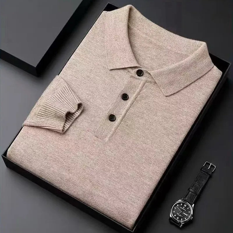 camel Color Men's Wool Knit Polo Sweater – Warm Autumn Winter Top