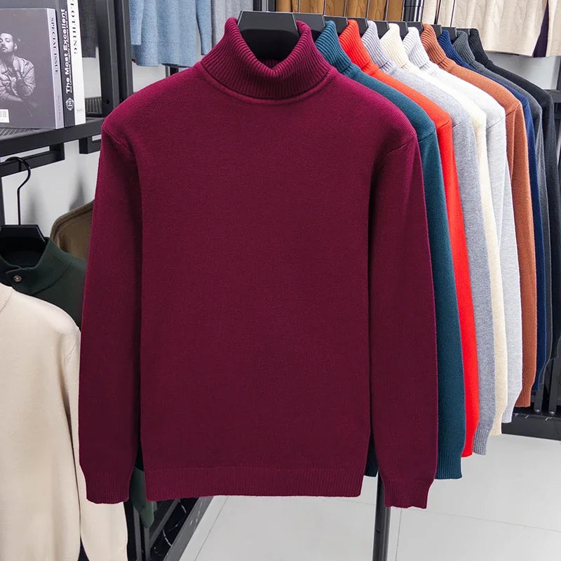 Burgundy Color Men’s Knitted Turtleneck Sweater Slim Fit Pullover