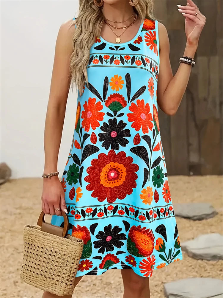 Women’s Floral Print Sleeveless Tank Dress, Knee-Length