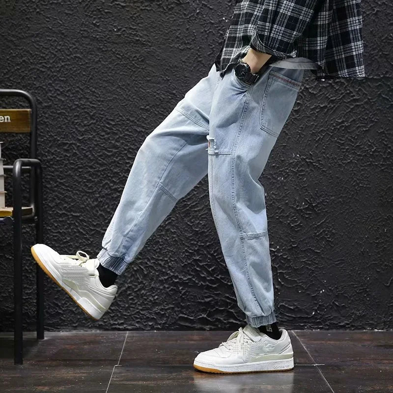 Men's Denim Cargo Jogger Pants Streetwear Elastic Waist