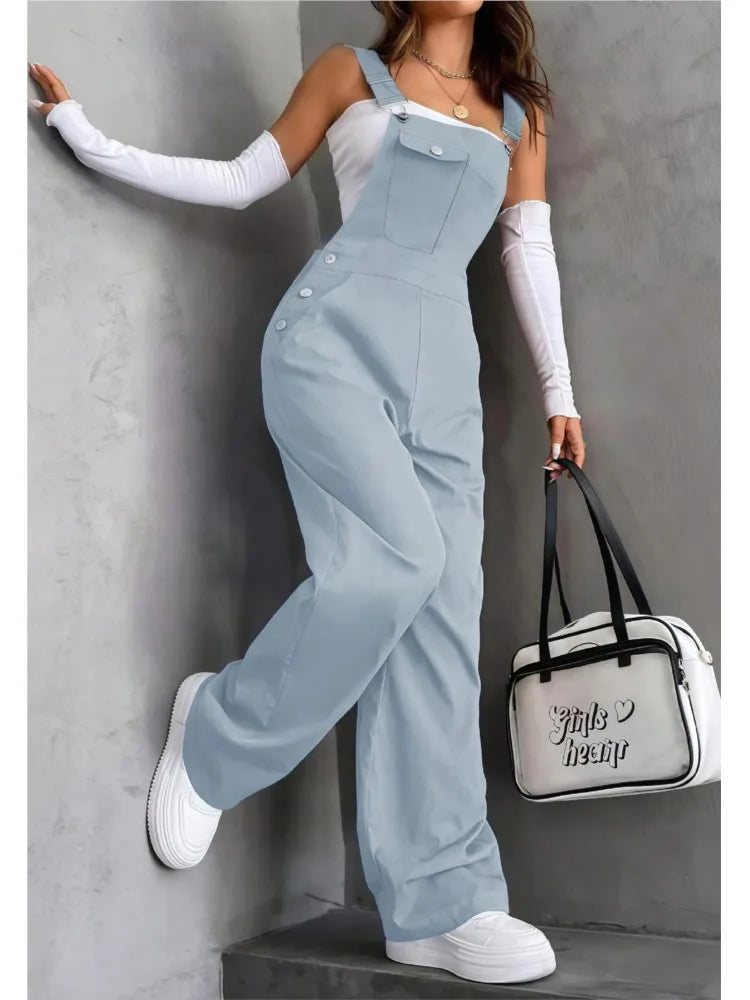 SKY BLUE Color Women’s Loose Wide Leg Bib Overalls With Pockets