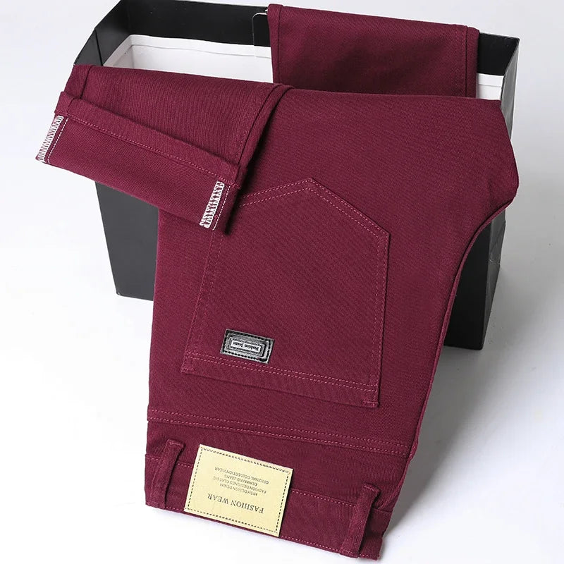 Wine Red Color Men's White Straight Jeans Cotton Blend Business Casual