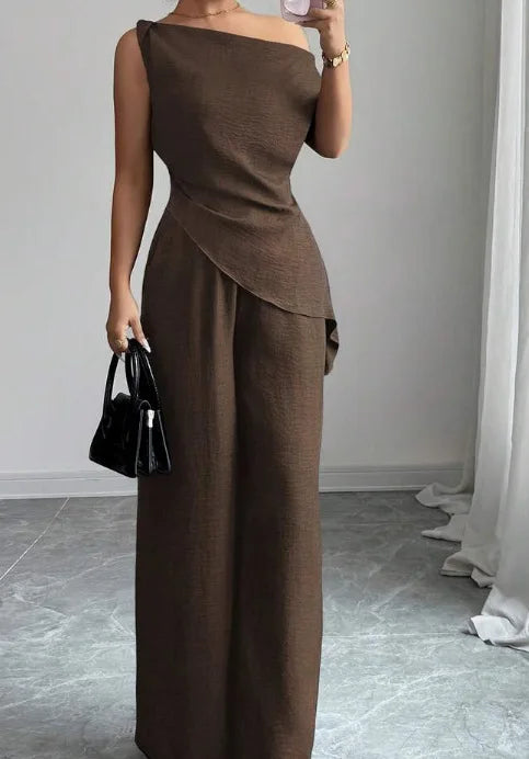 Dark Brown Color One Shoulder Wide Leg Jumpsuit Set For Women