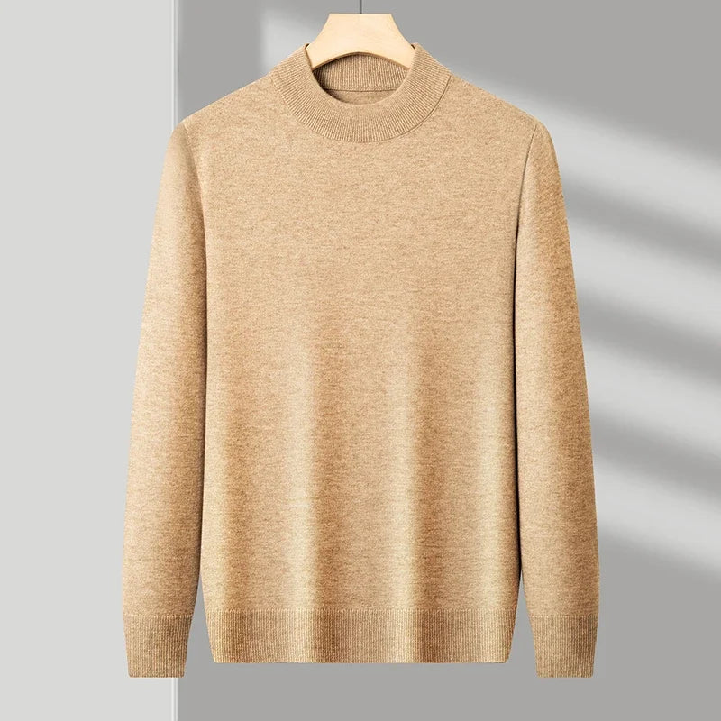 camel Color Men's Mock Neck Knit Sweater Pullover for Autumn Winter