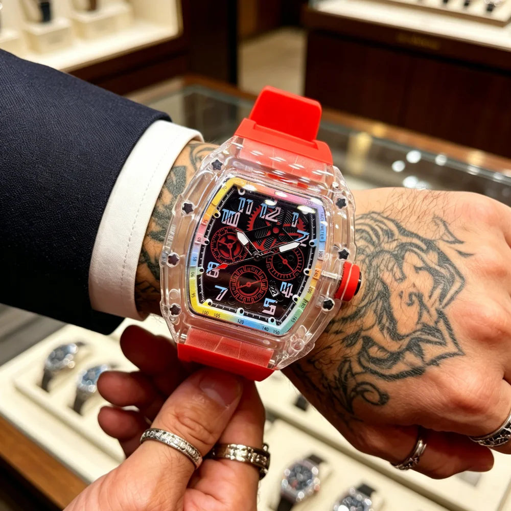 Men's Tonneau Quartz Watch With Transparent Rainbow Dial