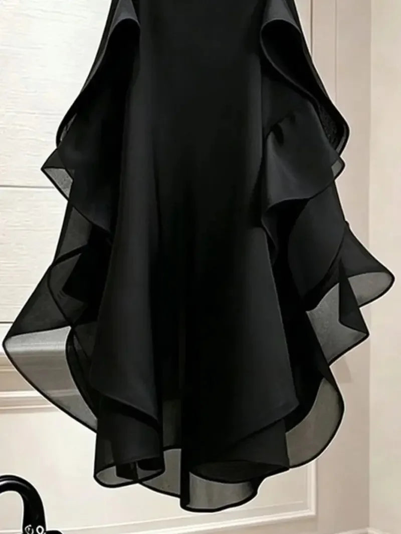 Women’s High Waist Mesh Midi Skirt – Irregular Ruffle Hem