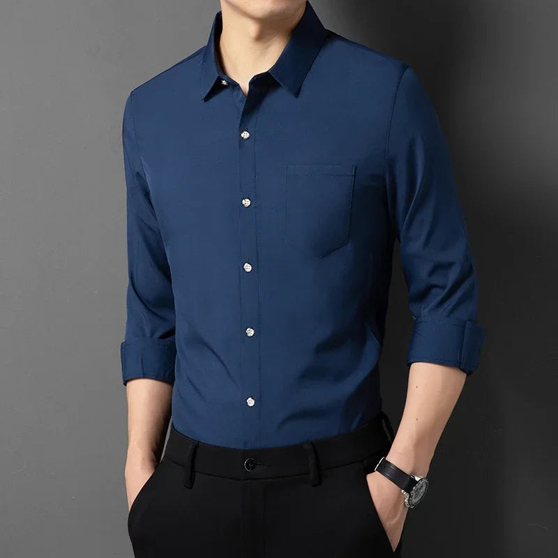 Navy Blue Color Men's Wrinkle-Resistant Long Sleeve Smart Casual Shirt