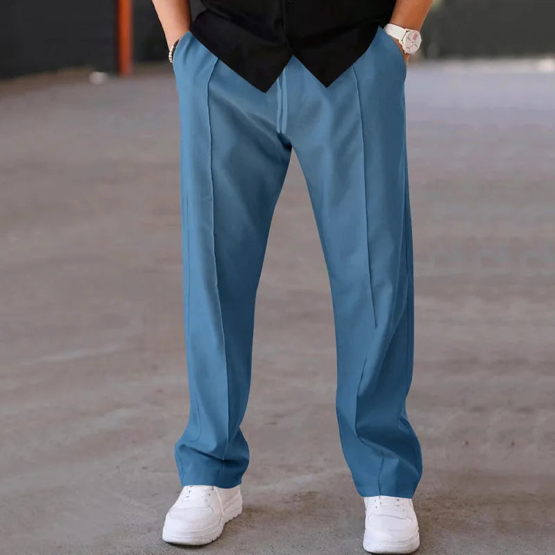 Denim Blue Color Men’s Casual Drawstring Pants Straight Leg Mid Waist
