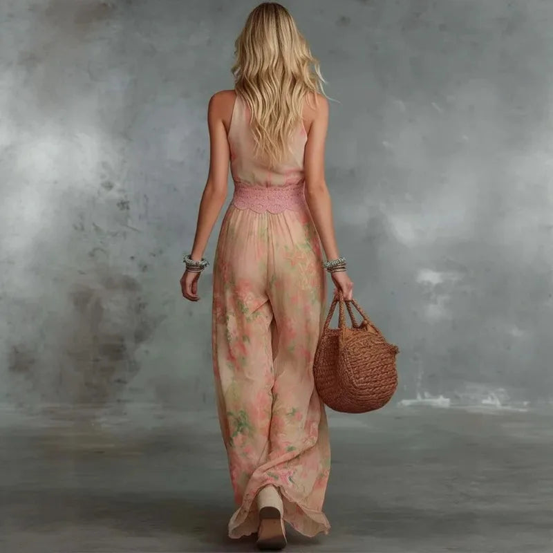 Women’s V-Neck Wide Leg Jumpsuit – Elegant Hollow-Out