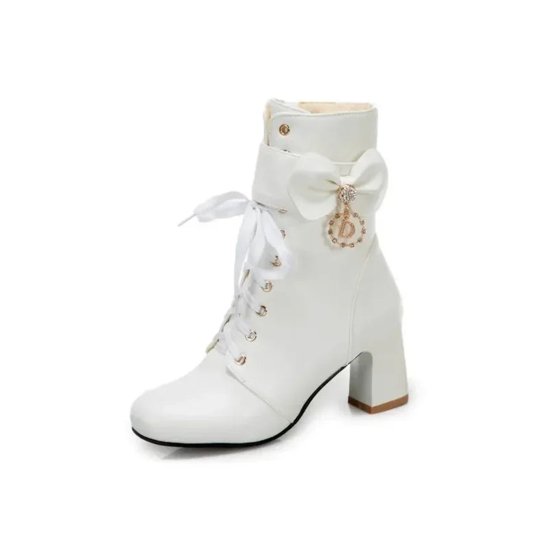 Women’s Round-Toe High Heel Ankle Boots With Bow