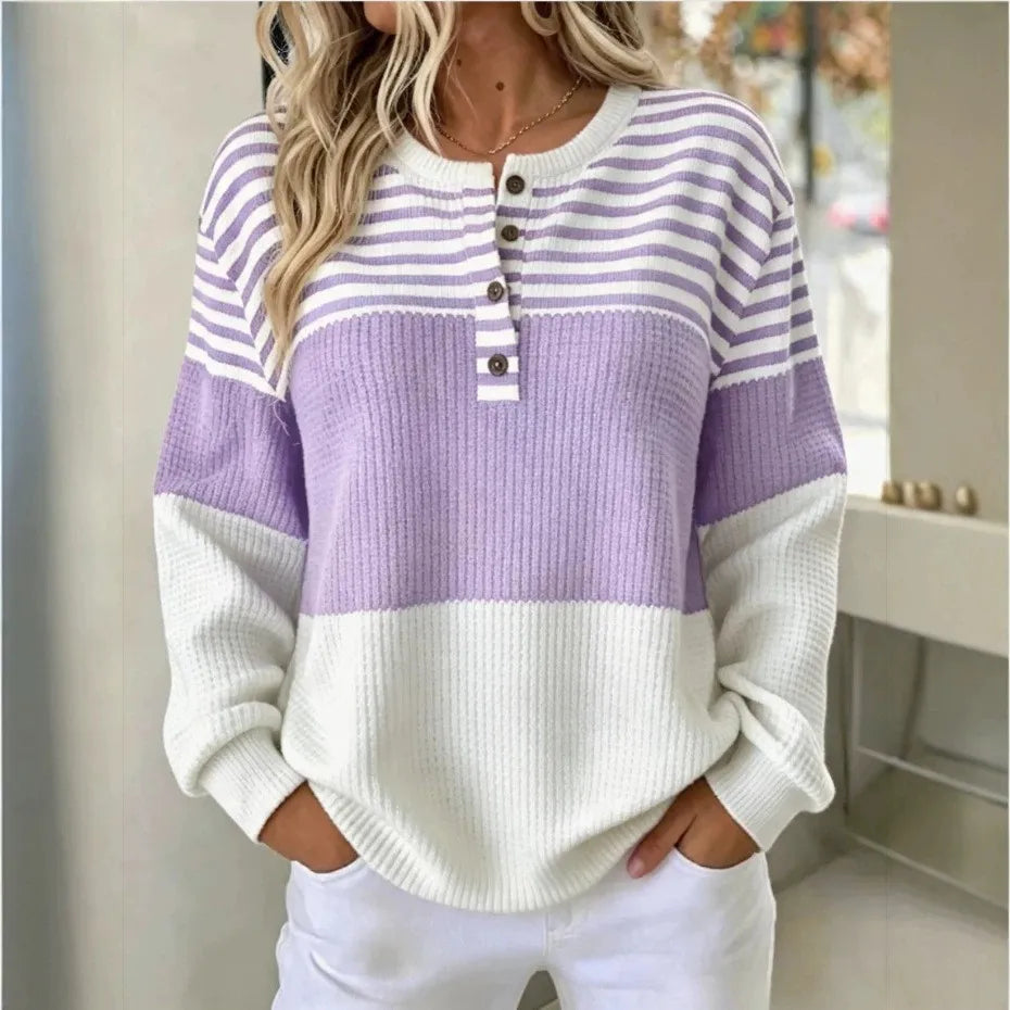 Women’s Striped Waffle Knit Pullover – Loose Casual Fit