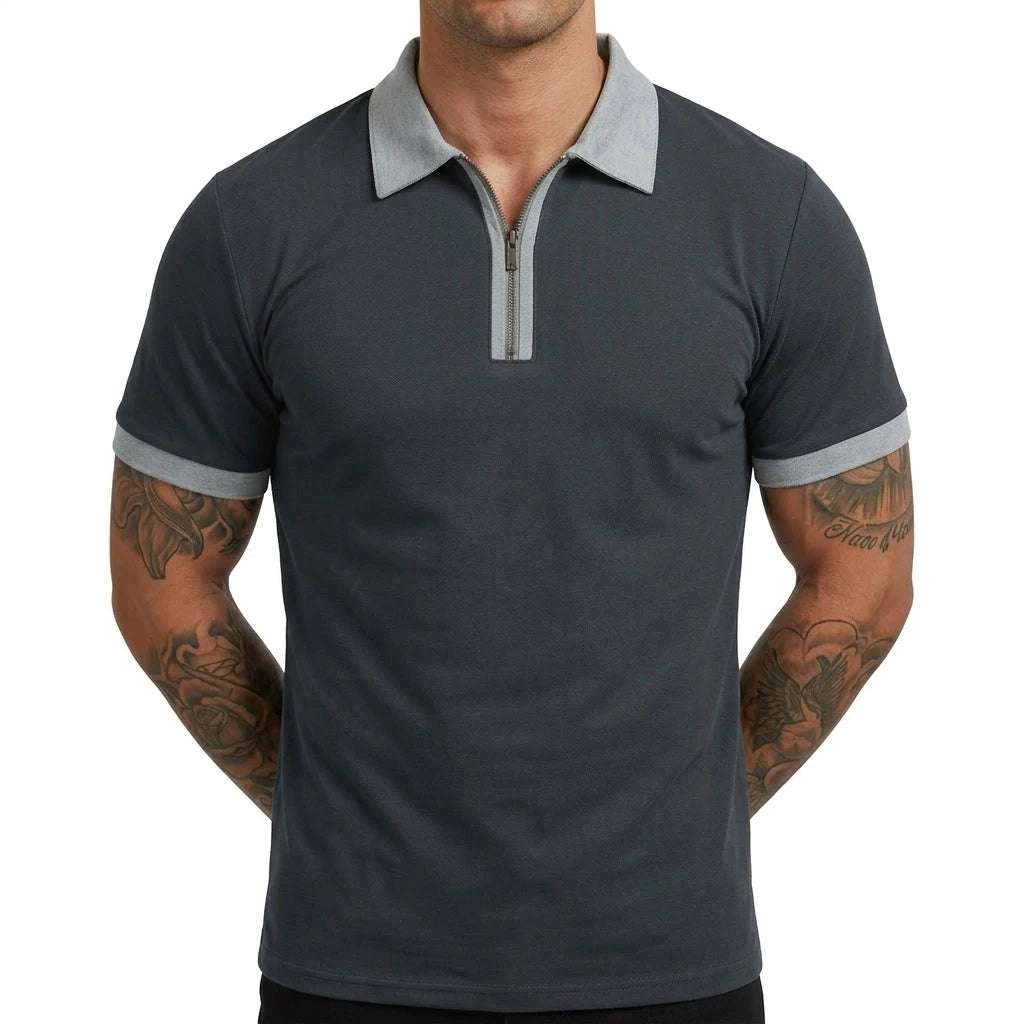 Dark Gray Color Men’s Zipper Polo Shirt Short Sleeve Moisture-Wicking