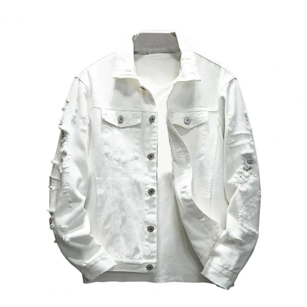 White Color Men’s Ripped Denim Jacket Solid Color Streetwear Coat