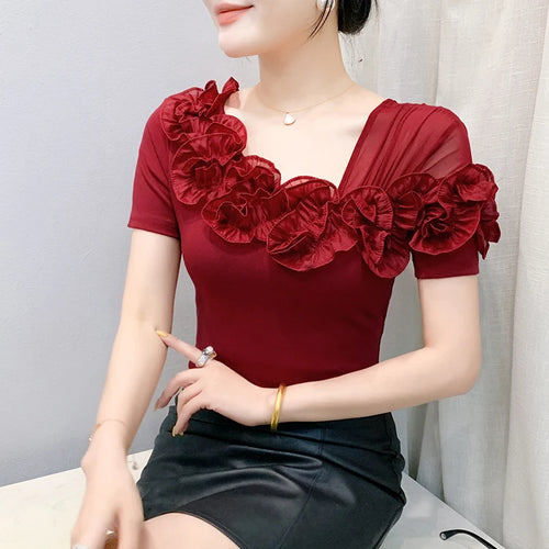 Asymmetric Off-Shoulder Ruffle Cotton Slim Fit Tee