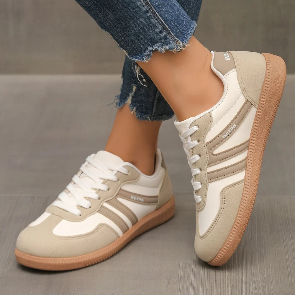 white Color Women’s Colorblock Casual Sneakers – Low Flat Lace-Up