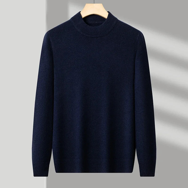 Navy Blue Color Men's Mock Neck Knit Sweater Pullover for Autumn Winter