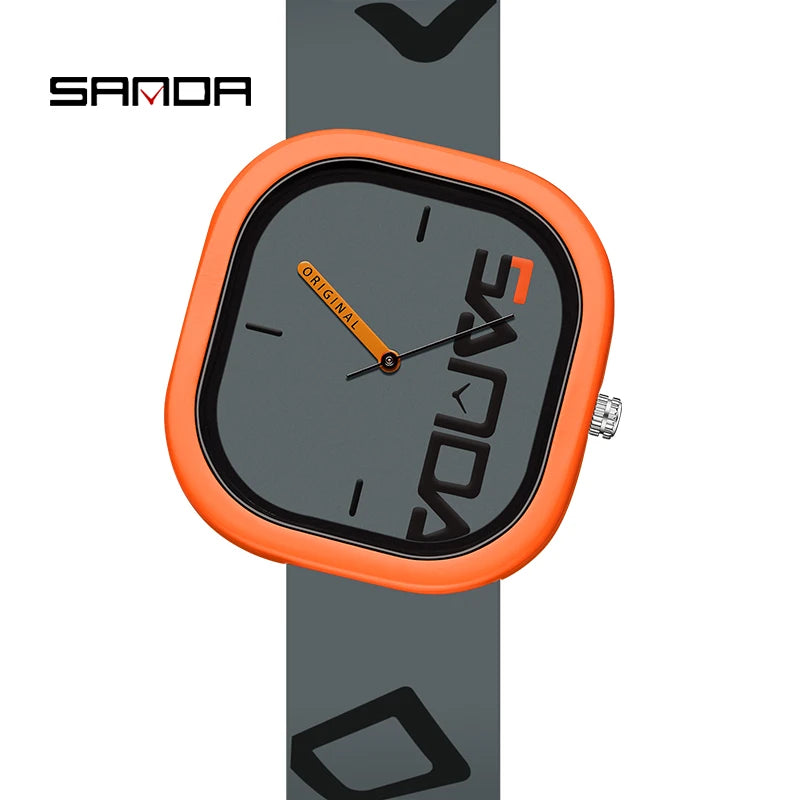 Grey Orange Color Men’s Square Quartz Watch With Silicone Strap