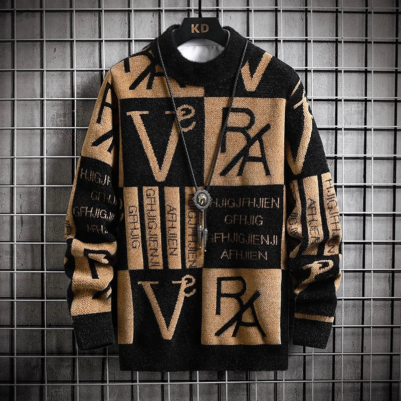 Men’s Knit Letter Pullover Sweater Round Neck Casual