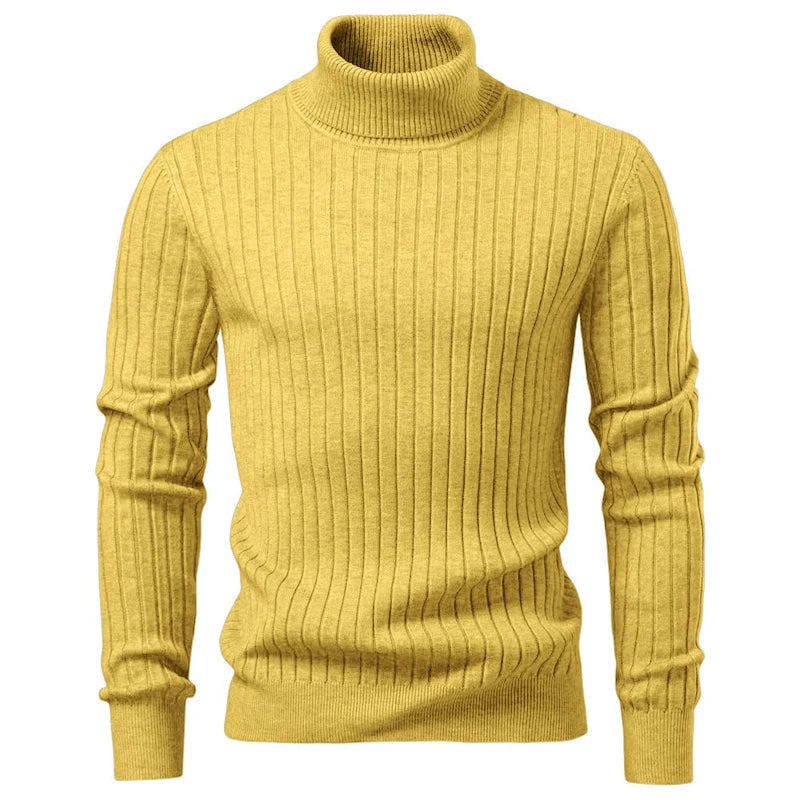 Yellow Color Men's Striped Turtleneck Knit Sweater – Warm Casual
