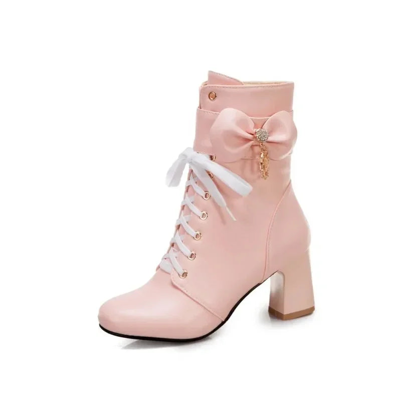 Women’s Round-Toe High Heel Ankle Boots With Bow