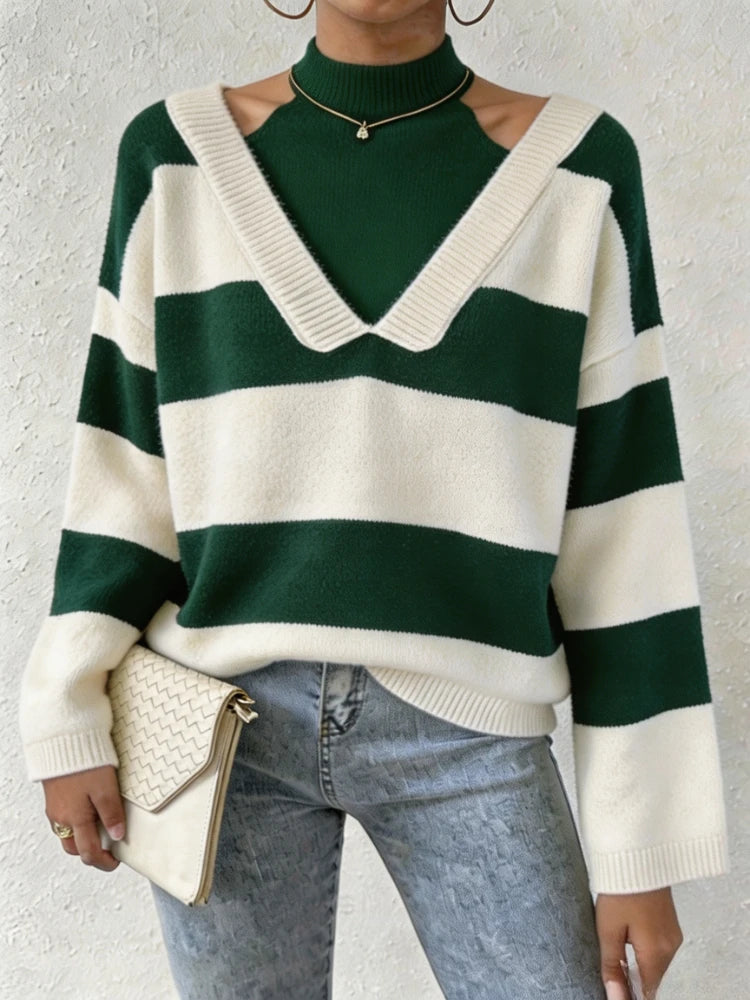 Women’s Striped Knit Pullover – Mock Neck Cut-Out Shoulder
