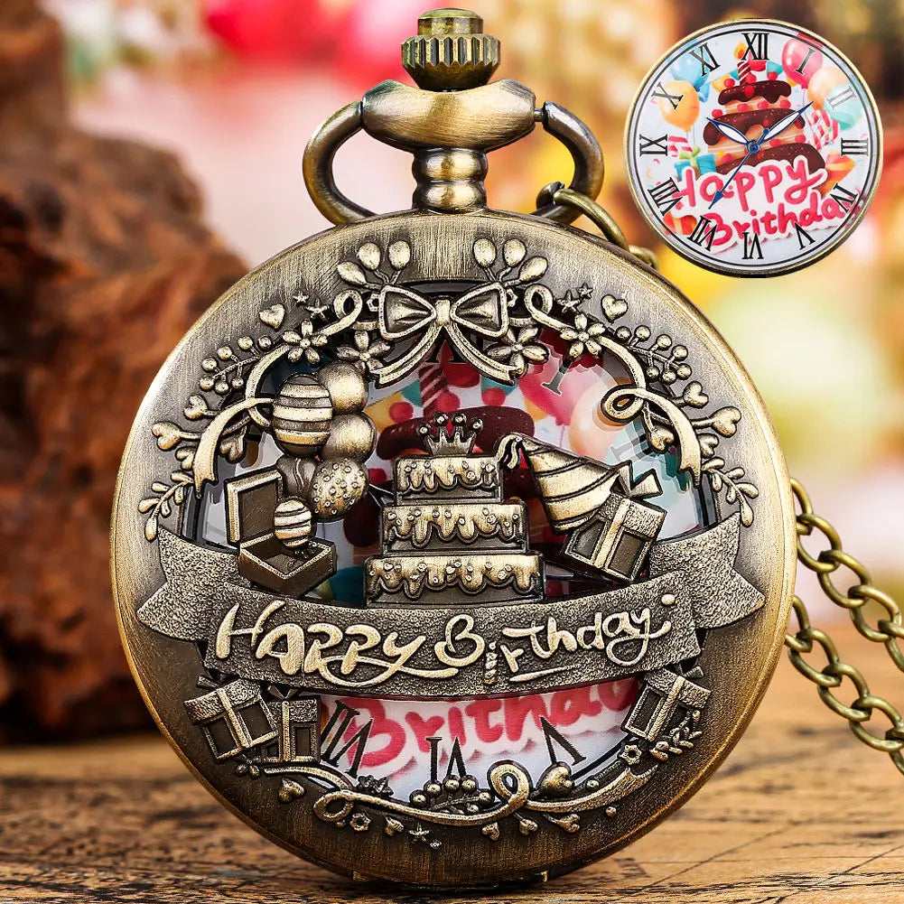 Vintage Steampunk Pocket Watch With Birthday Cake Design